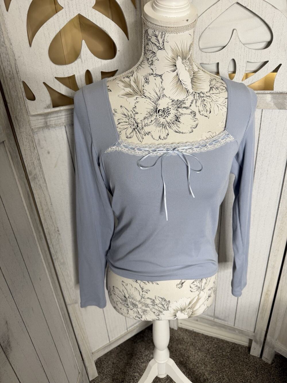 Hollister Women’s Babydoll Top Blue Ribbed Square Neck Lace Trim Y2K Large